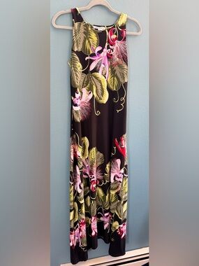 Tommy Bahama Black Tropical Floral Dress with Pink & Green Details